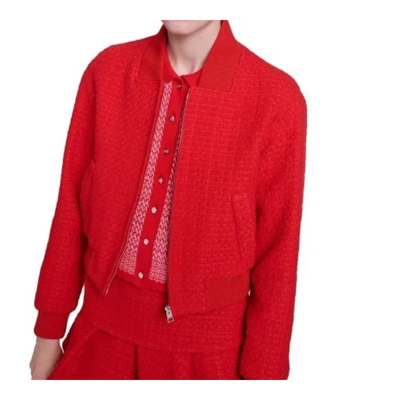NWOT Jason Wu Bomber Jacket Short Red Tweed Long Sleeve Snap Button Pockets M - Picture 1 of 8